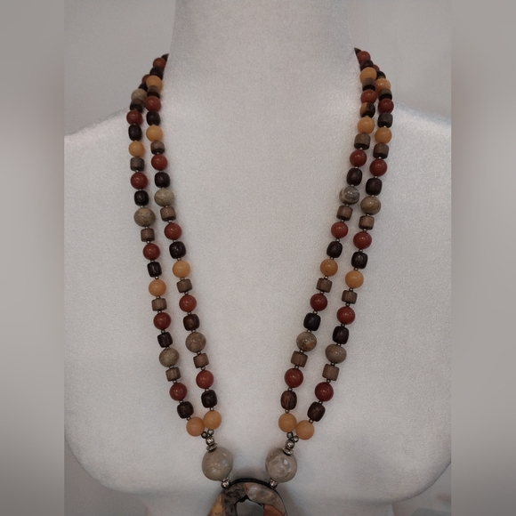 Vintage Stone and Wood Beaded Necklace Geometric Inlay Pendant Neutral Colors - Picture 3 of 16